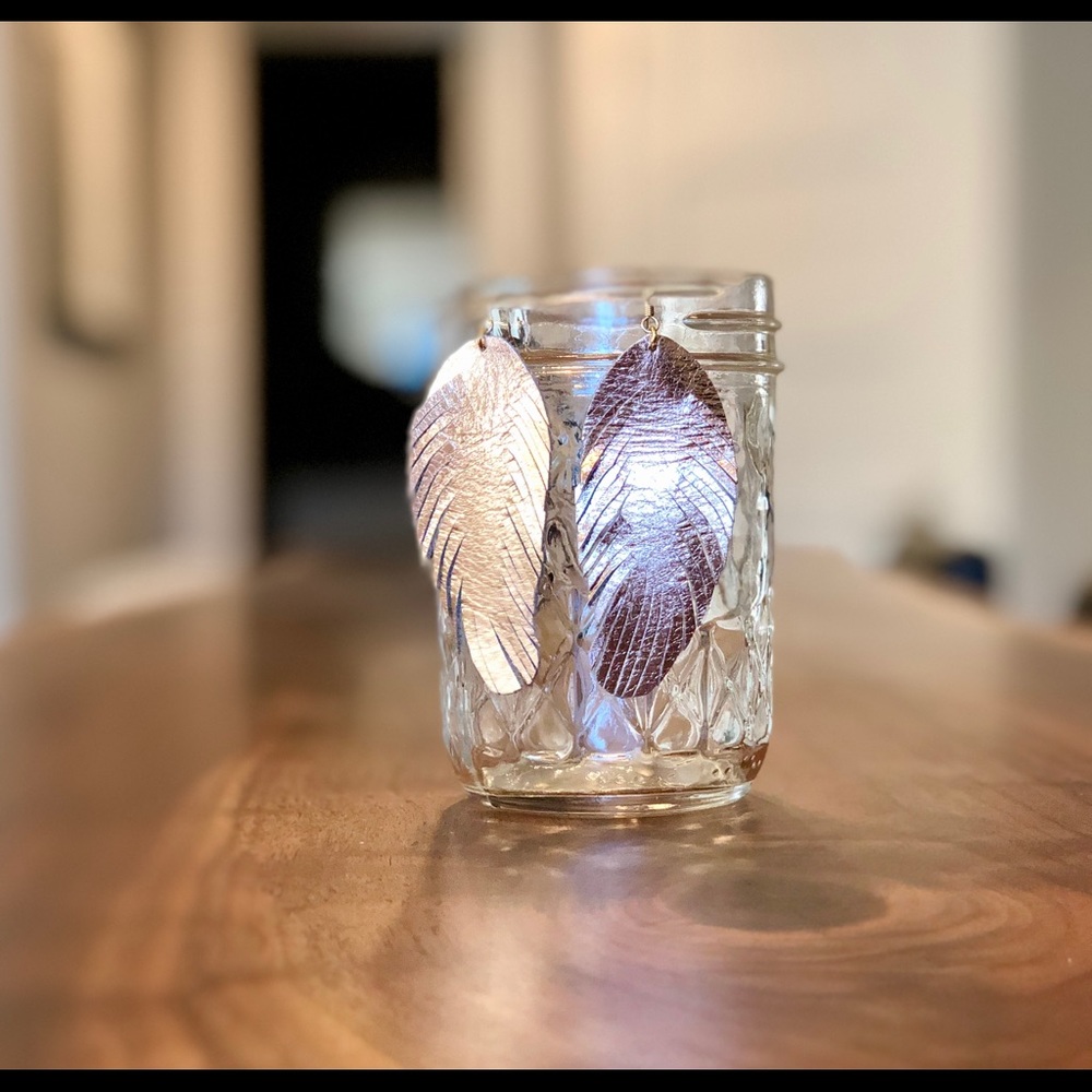 Rose Gold Leather Feather Earrings
